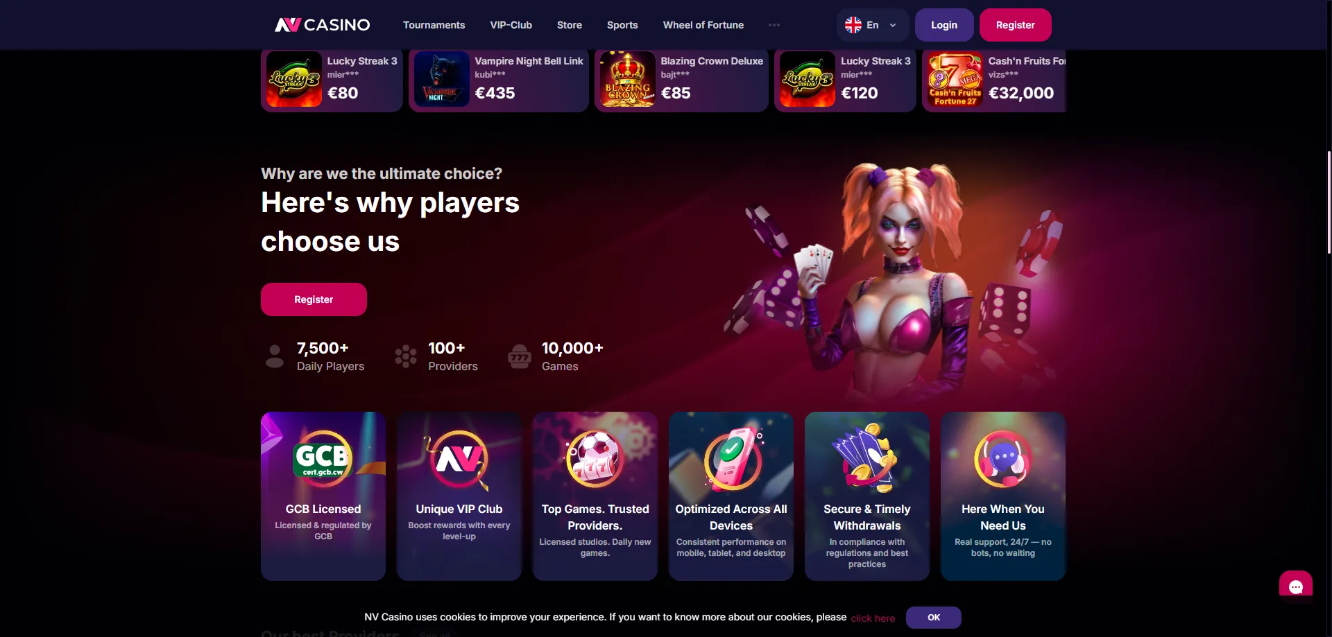 NV Casino velkomstbonus 100% op til 3.500 kr og 100 gratis spins